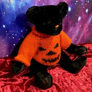 Vintage 1997 Ganz Black Plush Teddy Bear 🎃Pumpkin Sweater Halloween Collectible